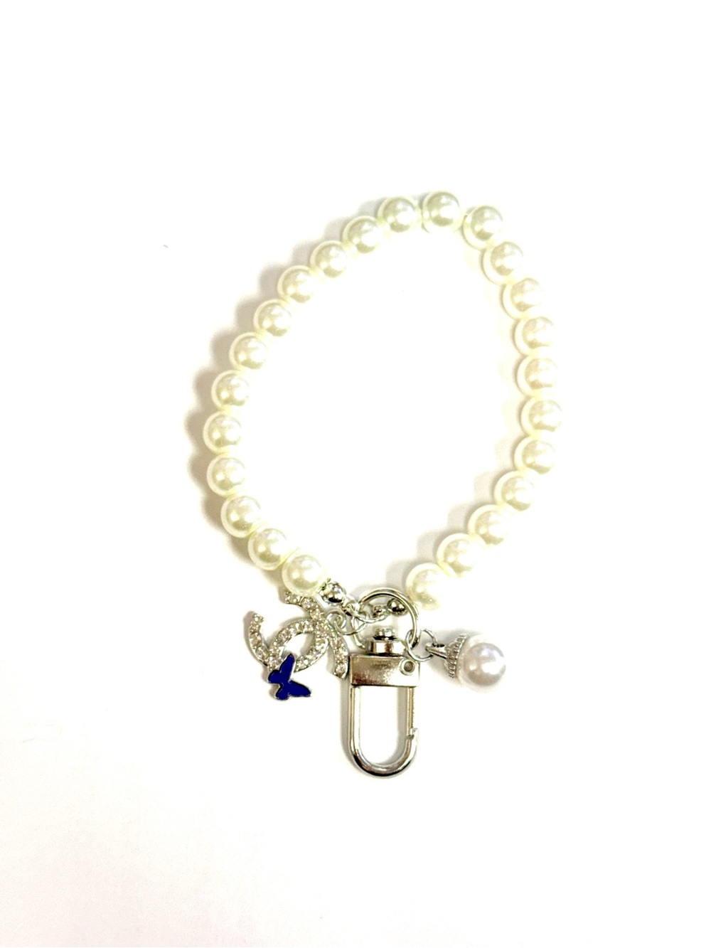 White Pearl Stretch Keychain with Silver Charms